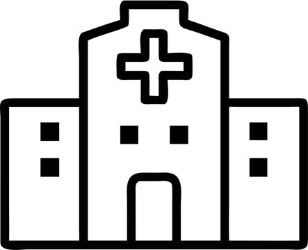 A bold, thick-lined monochrome vector graphic illustrates a generic clinic or medical facility entrance with a central cross emblem.