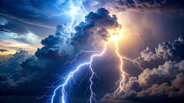 Powerful lightning strikes illuminate dark storm clouds with brilliant flashes of electricity