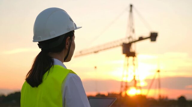 Female engineer in hard hat and vest gazes at construction crane at sunset