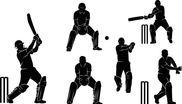 Cricket player silhouette vector collection. Includes batsman hitting, wicket keeper catching, bowler throwing, and fielder positions. Created in solid black silhouette style with a monochrome