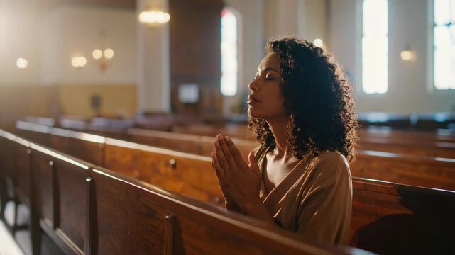 Woman praying with hands clasped in a church pew during worship service