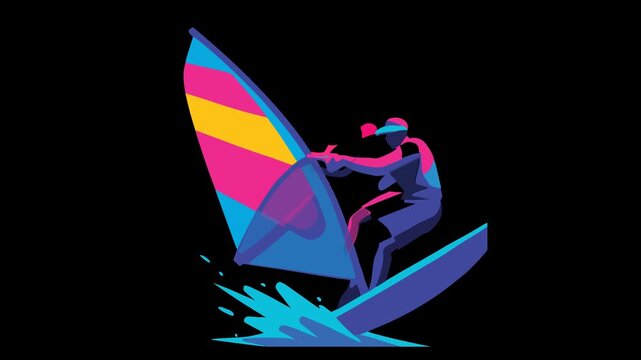 Colorful Windsurfer Silhouette on Black Background