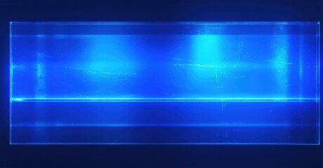 Bright blue rectangle dominates black background. Lines suggest depth, light emanates from within. Minimalist design, futuristic feel.