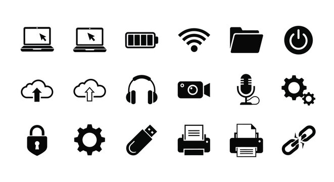 Collection of black technology icons and a dark silhouette