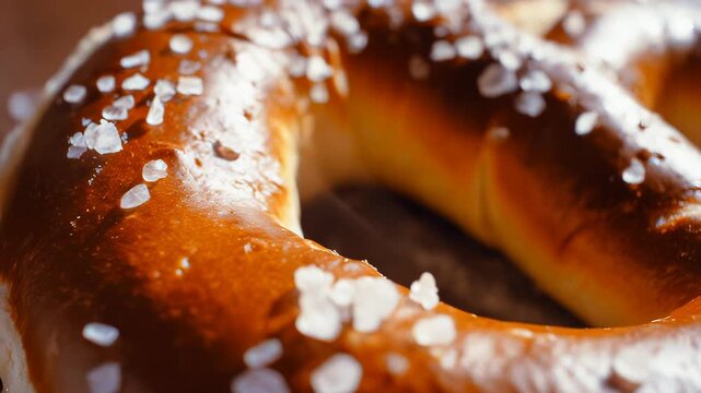 Close-up shots of a freshly baked pretzel with coarse salt, highlighting its golden-brown crust and soft interior, set against a wooden background