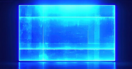 Fototapeta premium Bright blue rectangle glows against dark background. Lines create grid pattern within luminous shape. Minimalist design, futuristic aesthetic.