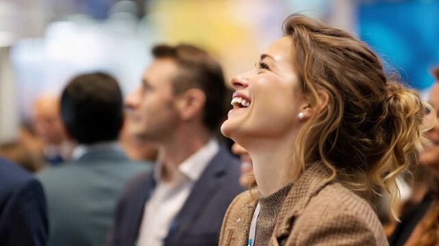 Happy staff enjoying a lively event while engaging with speakers at a bustling conference in a vibrant exhibition hall