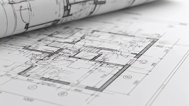 Close-up of architectural blueprints rolled at the top showing a floor plan