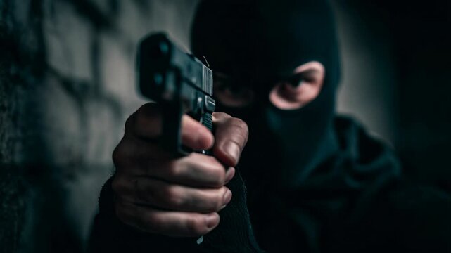 4k seamless video of a bandit pointing a gun. Concept of extortion and threat.