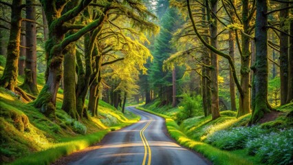 Obraz premium Sunlit Winding Road Through a Lush, Moss-Covered Forest with Vibrant Green Undergrowth