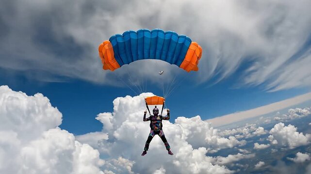 Skydiver Descends Gracefully Under Blue and Orange Parachute Amidst Fluffy Clouds.
