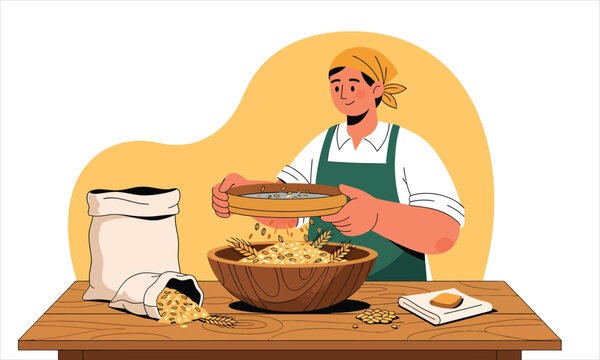 A Female farmer uses a sieve to clean and sort wheat grains