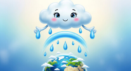 Fototapeta premium Smiling cartoon cloud with rainbow and raindrops over earth symbolizing weather and climate