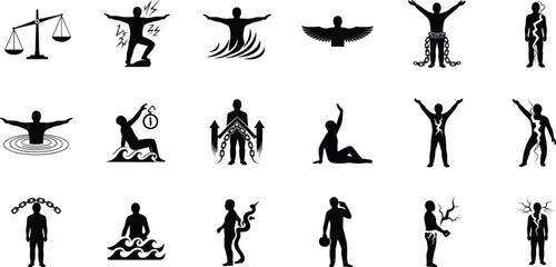 Set of vector silhouettes featuring a diverse collection of people, men, and women in business, sport, fitness, yoga, and dance poses as black art illustrations