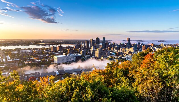 Cityscape glows at dawn, autumn foliage frames urban vista with fog rolling between buildings