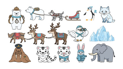 Arctic Animals and Expedition Elements: A collection of charming cartoon arctic animals, each with unique accessories, set against a pristine background, depicting a sense of adventure and expedition. © hafs121