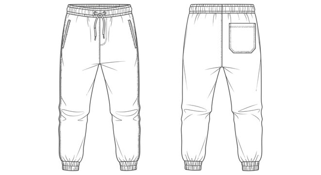 technical flat sketch of mens jogger sweatpants front and back views featuring an elasticated drawstring waistband side pockets and ribbed cuffs perfect for fashion design and apparel templates.