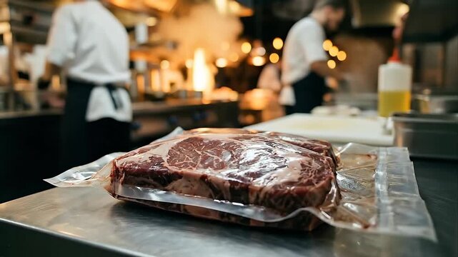 Two Prime Ribeye Steaks Packaged in Clear Vacuum Seal on a Stainless Steel Countertop in a Busy Restaurant Kitchen with Chefs Working in the Background Warm Ambient Lighting