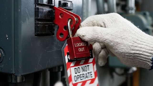 Close-up of gloved hands securing a red lockout tagout padlock on an electrical breaker panel for safety compliance and energy isolation in an industrial factory setting with a blurred background of