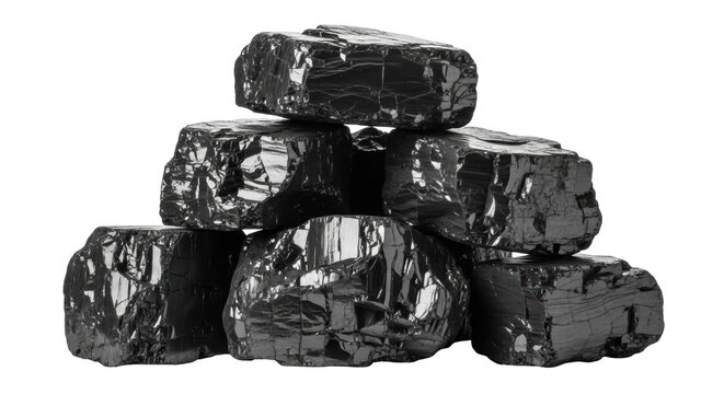 Pile of shiny black coal rocks isolated PNG, fossil fuel mineral for energy and industrial use on transparent background