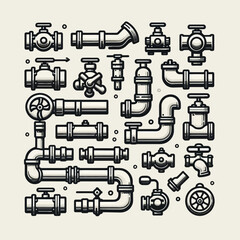 Plumbing Pipes Valves Fittings Icon Set