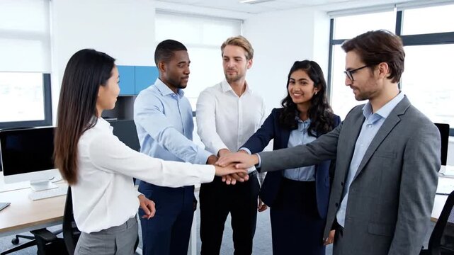 Diverse professionals gathered around a table in a modern office setting stack hands in a symbol of unity and collaboration