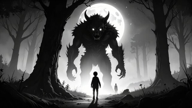 Silhouette of a child faces a fearsome creature under a full moon in a spooky forest