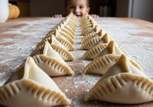 Traditional Ramadan fatayer pastries in rows on a floured table, with a happy child peeking from the background.