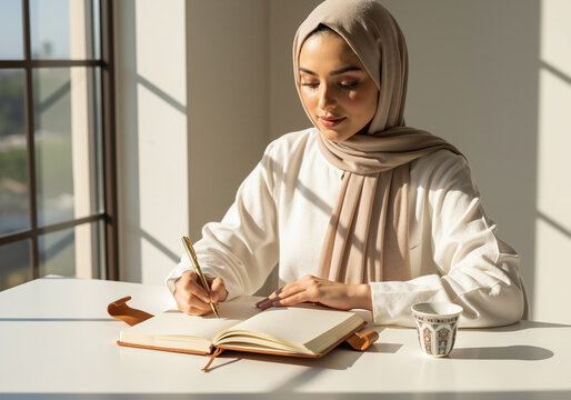 Young Muslim woman in a hijab writing in a journal at a sunlit table, reflecting during Ramadan.