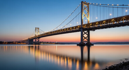 Obraz premium Suspension bridge over calm waters at dusk with vibrant sky reflections