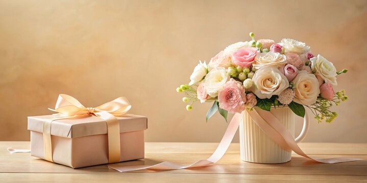 A delicate pastel bouquet of roses and other blossoms arranged in a cream-colored vase, complemented by a softly wrapped gift box, creates an elegant and heartwarming scene.