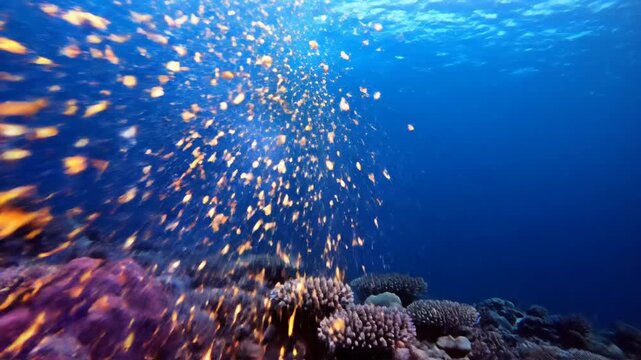 Colorful Coral Reef With Swarm Of Tropical Fish.