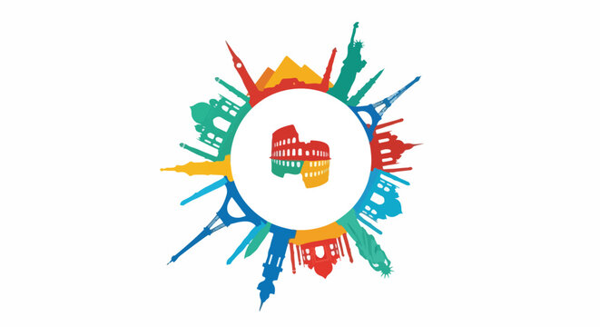 Colorful illustration of a globe surrounded by iconic landmarks on a white background with vibrant, abstract design elements.