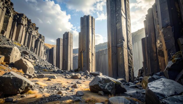 Smooth polished basalt columns with natural striations, realistic photography, diffused daylight, rocky uneven terrain