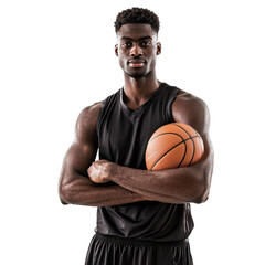 A muscular basketball player with a determined expression, holding a basketball in his right arm, standing against a white background.