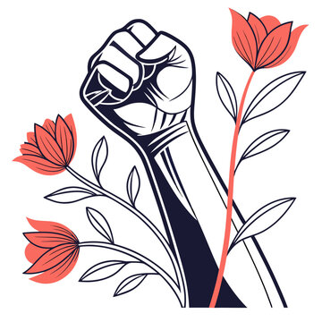Strong fist emerging from nature with vibrant red flowers, empowerment symbol