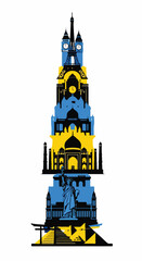 Illustration of a stylized, multi-colored tower with blue and yellow sections on a white background with a flat design technique.
