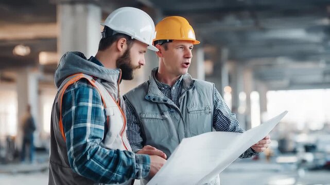 Contractor and architect review building plans during construction in modern commercial site