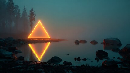Bright neon triangle in smoky ambient scene retro futuristic images
