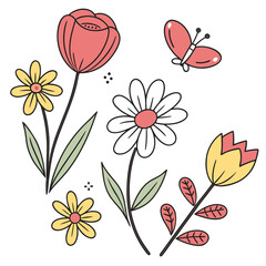 Cute Flower Garden Illustration with Butterflies