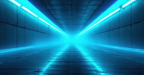 Fototapeta premium Concrete tunnel extends into darkness. Bright blue lights illuminate interior, creating dramatic perspective. Fog obscures distant end.