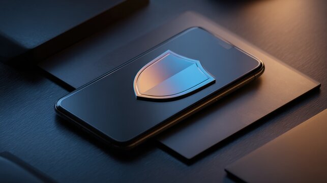 Sleek smartphone displaying a metallic shield icon on a dark textured surface with subtle lighting