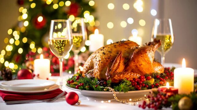 Festive holiday dinner table with roasted turkey and glowing Christmas tree lights