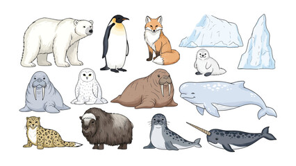 Arctic and Antarctic Wildlife Collection: A captivating illustration showcases an assortment of animals from the arctic and antarctic regions. © hafs121