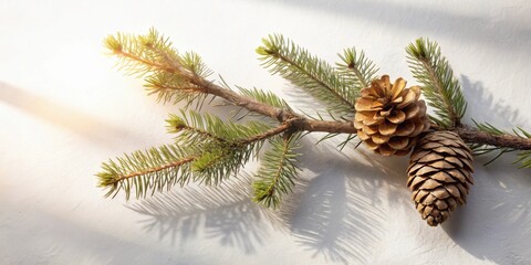Sunlight illuminates evergreen branch with pine cones resting on a soft textured surface