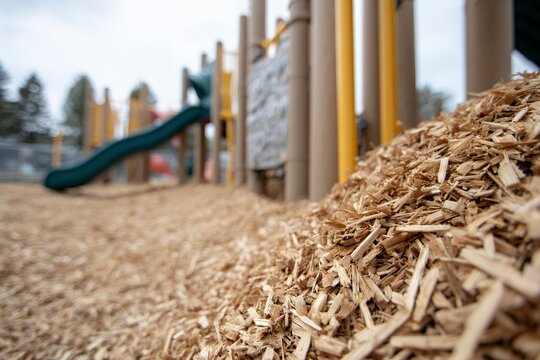 Tan rubber mulch covering a playground surface