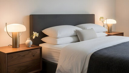 Minimalist bedroom with a neatly made bed, clean white linens, and modern bedside lamps, creating a serene and tranquil sleeping environment.