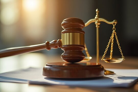 Symbolizing Justice and Legality: Close-Up of a Wooden Gavel and Golden Scale on a Table