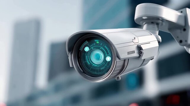 Futuristic CCTV camera with digital interface capturing urban environment during daylight hours in a modern city landscape