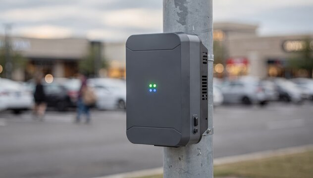 Medium view of a roadside edge computing unit near a mall parking lot emphasizing compact design and status lights while parked cars and shoppers remain out of focus in the